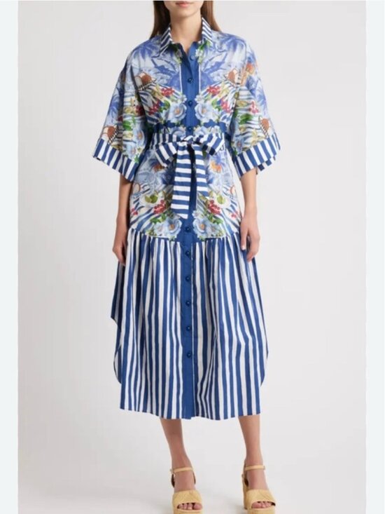 FARM Rio Dresses & Skirts - Farm Rio Blue Fresh Table Scarf Organic Cotton Midi Dress size L